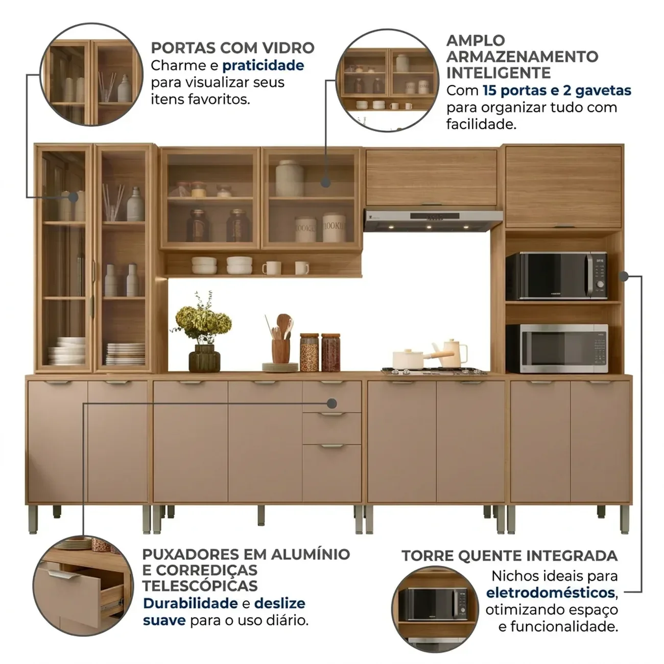 Ver imagem 5 de Cozinha Compacta Modulada 6 Peças 340cm 15 Portas e 2 Gavetas Colors Marrom Freijó/Pinole