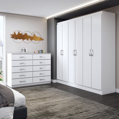 Guarda-roupa Casal Harper 6 Portas 2 Gavetas com Cômoda 10 Gavetas Branco - Panorama Móveis