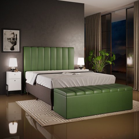 Kit Cabeceira Cama Box Casal 140cm Calçadeira Recamier Baú Dália W01 Facto Verde Musgo - Lyam
