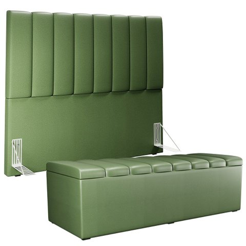 Kit Cabeceira Cama Box Casal 140cm Calçadeira Recamier Baú Dália W01 Facto Verde Musgo - Lyam
