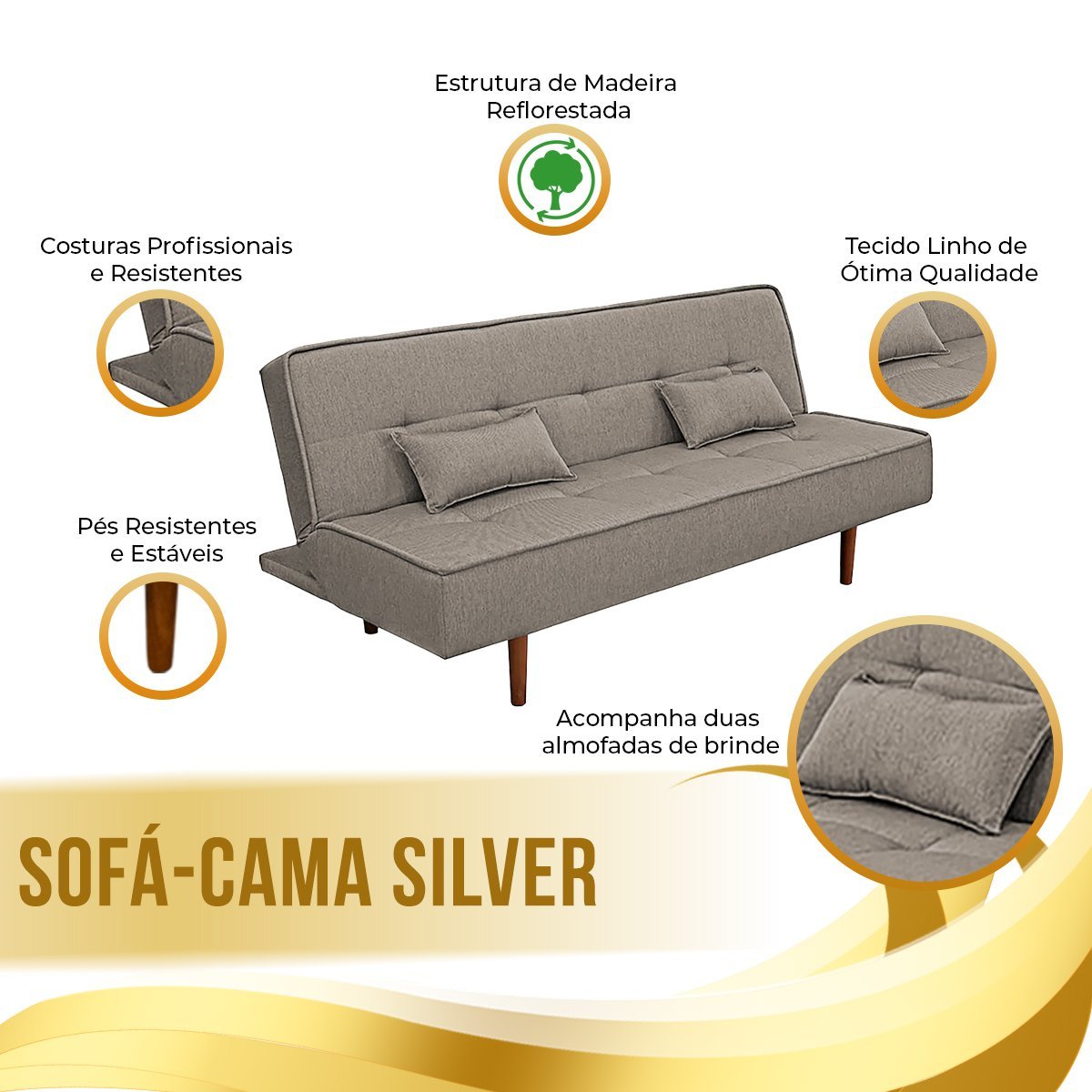 Sofá Cama 3 Lugares Reclinável Silver Casal Linho - VS Decor - 3