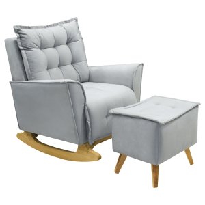 Poltrona Amamentação de Balanço Helena + Puff Veludo Quarto Bebê:cinza