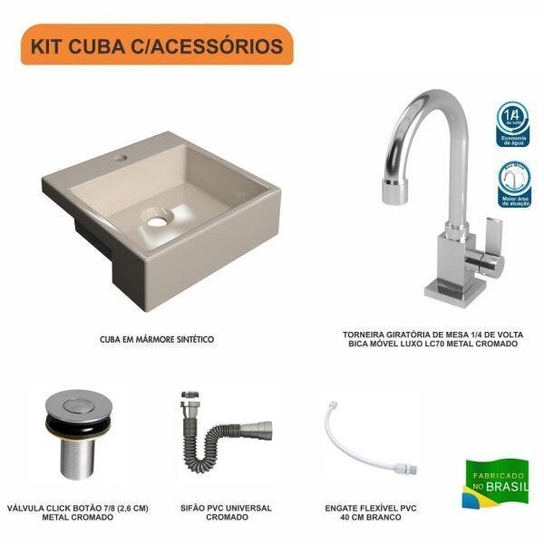 Kit Cuba XQ355 com Torneira Luxo 1195 Metal e Válvula Click 1"B com Sifão Cromado e Flexível Compace - 3