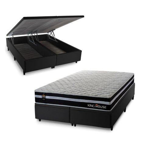 Conjunto Box Baú Super King Durham Preto 193x203x67 c/ Molas Ensacadas