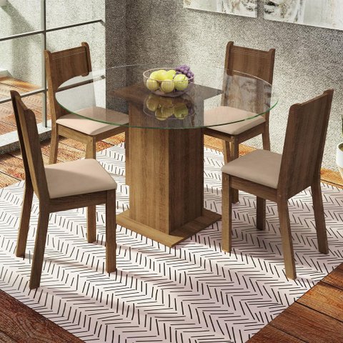 Conjunto Sala de Jantar Madesa Paula Mesa Tampo de Vidro Redondo 4 Cadeiras - Rustic/bege