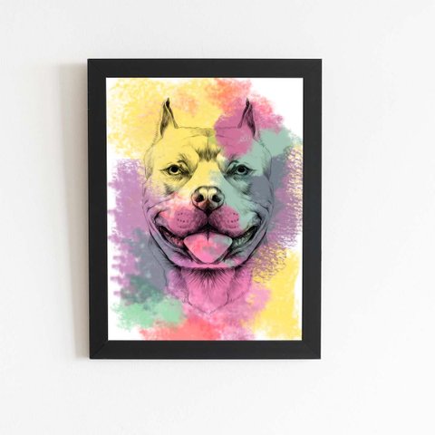 Quadro Cachorro Pitbull Tinta Aquarela Moldura 30x40cm