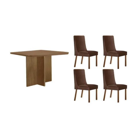 Conjunto: Mesa de Cozinha Berlim C/ Tampo Madeirado Canto Curvo 90x90cm e 4 Cadeiras Dakota Naturale