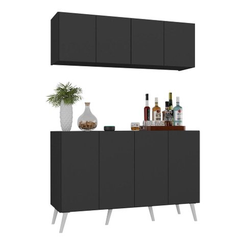 Kit Bar Armário Aéreo e Aparador 4 Portas Retrô Multimóveis Mp1086 Preto/branco