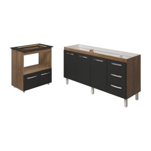 Cozinha Balcão Armário Gabinete de Pia 150 Cm Deise e Balcão Evelyn para Fogão Cooktop 4 Bocas Savan