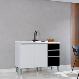 Balcao para Pia 3 Portas 120 Cm 702 Branco Preto Poqq Branco Preto - 3 Balcao para Pia 3 Portas 120 Cm 702 Branco Preto Poqq Branco Preto - 3