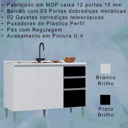 Balcao para Pia 3 Portas 120 Cm 702 Branco Preto Poqq Branco Preto - 2 Balcao para Pia 3 Portas 120 Cm 702 Branco Preto Poqq Branco Preto - 2