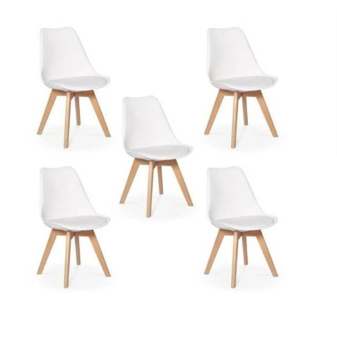 Kit C/5 Cadeira Leda Branca - Charles Eames Wood com Almofada