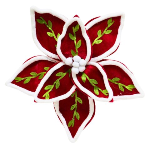 Flor Natalina 28 Cm 8 Petalas Bordo Verde e Branco (17153)