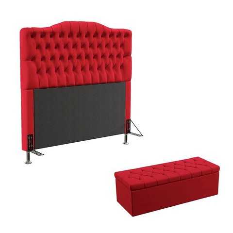 Kit Cabeceira Decorativa Para Cama Box Pollux e Calçadeira Sagitarius 160 Para Cama Queen Sued Verme