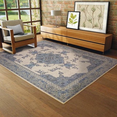 Tapete Sala Tabriz Bege Azul 100X150 Cm Clássico Tipo Belga