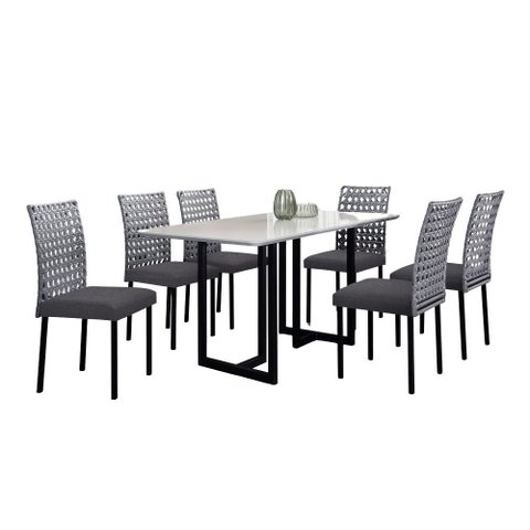 Conjunto de Jantar Lisboa com 6 Cadeiras Base Goiás Bm Tubulares Off White/ratan Preto/linho 308