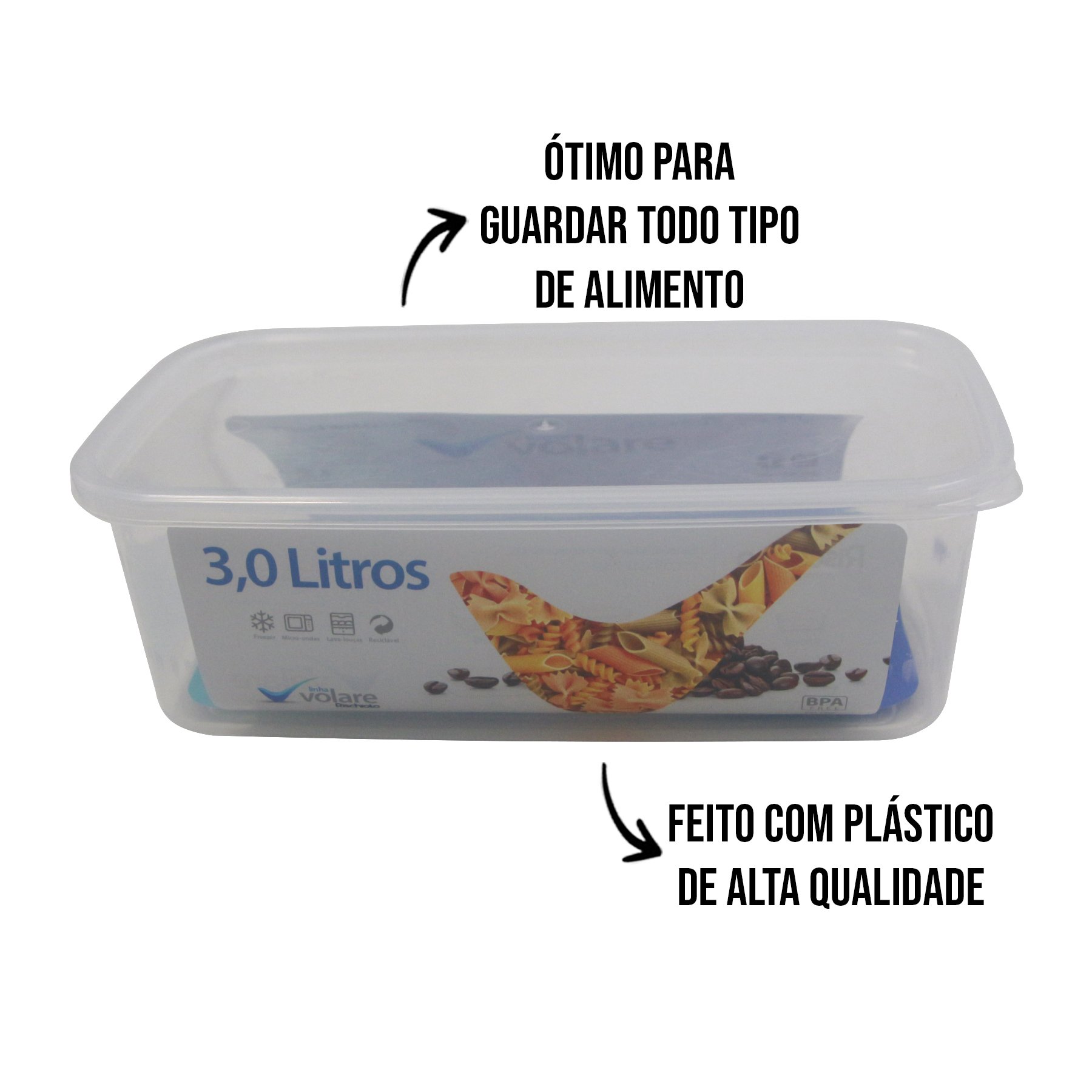 Pote Rischioto Volare 3l Grande Transparente Comida Alimentos Vasilha Retangular Plástico Organizaçã - 3