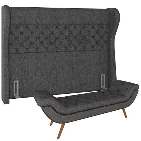 Kit Cabeceira Cama Box Casal 195cm Madrid com Puff Recamier Santorini Linho Chumbo