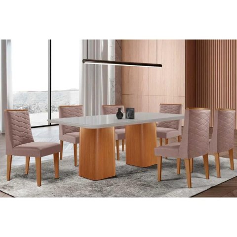 Conjunto: Mesa de Cozinha Maldivas C/ Tampo Madeirado C/ Vidro Canto Curvo 180x90cm e 6 Cadeiras