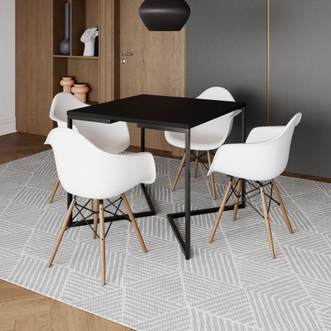 Mesa Jantar Industrial Quadrada Preta 90cm Base V Ferro Preto com 4 Poltronas Brancas M Marrom