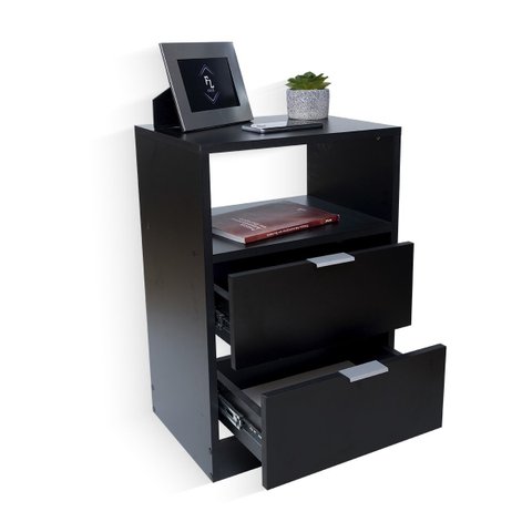 Mesa de Cabeceira Preta 2 Gavetas e 1 Nicho Mesinha para Quarto Lateral da Cama Estilo Cômoda com Pu