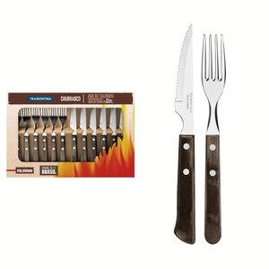 Jogo de Talheres para Churrasco em Aço Inox com Cabo Castanho Polywood 12 Peças