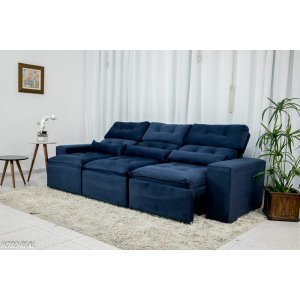 Sofá Retrátil e Reclinável com 2,50m de Largura em Tecido Suede:azul