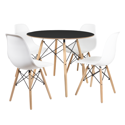 Mesa Eames Preta 110cm com 4 Cadeiras Eiffel Brancas para Sala de Jantar