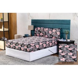 Capa de Colchão Viuva Solteirão 28cm + Fronha com Zíper Malha Estampada:23 Flor Rosa e Cinza - 2