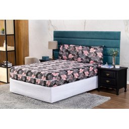 Capa de Colchão Viuva Solteirão 28cm + Fronha com Zíper Malha Estampada:23 Flor Rosa e Cinza - 1