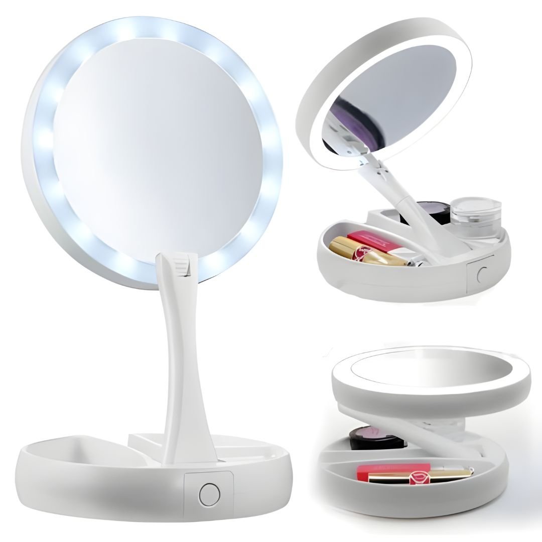 Espelho Led de Mesa com Aumento 10x Dobrável para Maquiagem