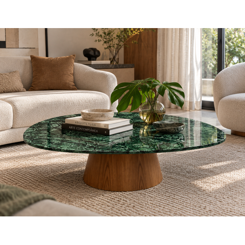 Mesa de Centro Éclat 110x70cm em Mármore Verde Guatemala - Freijó