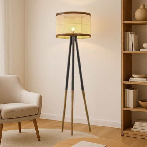 Luminária Ravena Ferro Madeira Cúpula Rattan Couro Sintético