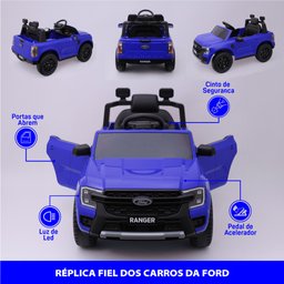 Carro Elétrico Infantil Ford Ranger Azul 12v com Controle Remoto Luz de Led e Volante com Sons de Co - 4