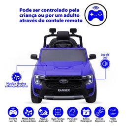 Carro Elétrico Infantil Ford Ranger Azul 12v com Controle Remoto Luz de Led e Volante com Sons de Co - 2