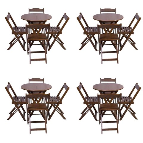 Kit 4 Jogos de Mesa Dobravel com 4 Cadeiras Tampo Redondo 70x70 Imbuia