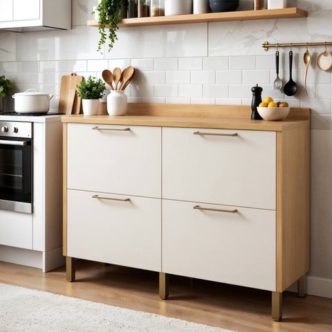 Balcão para Cozinha 4 Gavetas 120cm em MDF Nobre Bege/Cinamomo/Off White