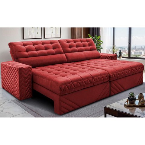 Sofá Retrátil e Reclinável 2,50m Molas Ensacadas Max Spring Velusoft Vermelho Cama Inbox