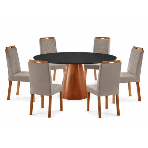 Conjunto Sala de Jantar Mesa Gênova 130cm Tampo Redondo Vidro Preto com 6 Cadeiras