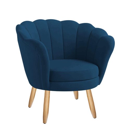 Poltrona Decorativa Pétala Veludo Azul Marinho Claro Pés Palito