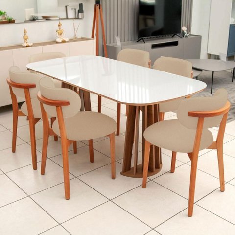 Conjunto Mesa 6 Lugares Tampo Vidro Off White com Mel e Bouclé Bege 1,80m Retangular