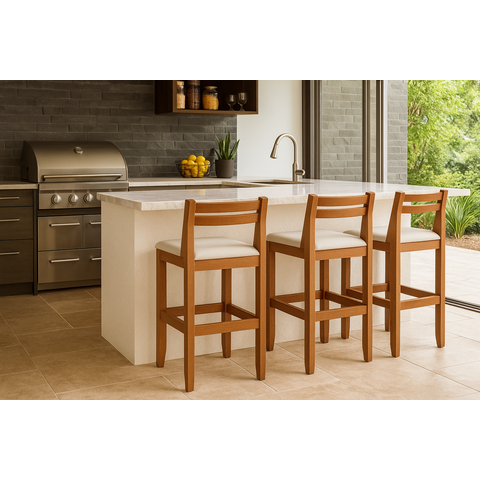 Kit 3 Banquetas Luxo Baixa Ibiza - Base em Madeira Maciça - Estofado em Linho