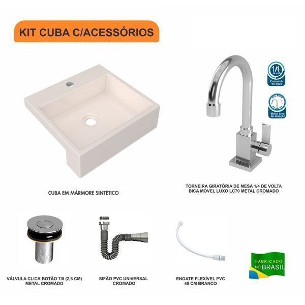 Kit Cuba XQ395 Torneira Luxo 1195 Metal Válvula Click 1 Polegada B Sifão Cromado Flexível Compace - 3