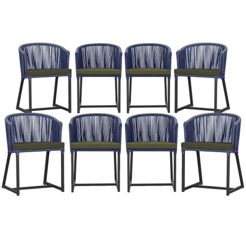8 Cadeiras de Jantar Área Noronha em Alumínio com Pintura Preta Corda Náutica Estofado 13 Trama Orig