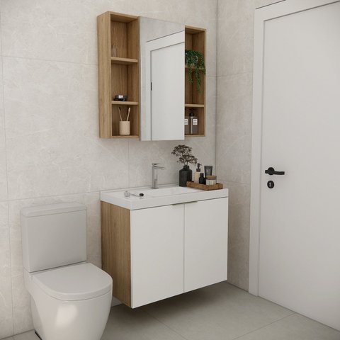 Conjunto de Banheiro com Cuba 80cm Vittare Marrom/Carvalho/Branco