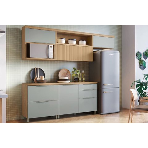Kit de Cozinha Completa 5 Peças Marquesa (3 Aéreos + 2 Balcões) Nature/Verde - Nesher