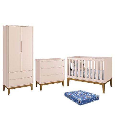 Dormitório Infantil Classic 2 Portas, Cômoda 3 Gavetas, Berço Rosa com Pés Amadeirado e Colchão - Re