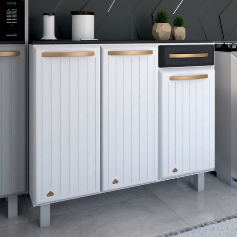 Armário de Cozinha em Aço Steel com Tampo 3 Portas 1 Gaveta Branco/preto - Panorama Móveis