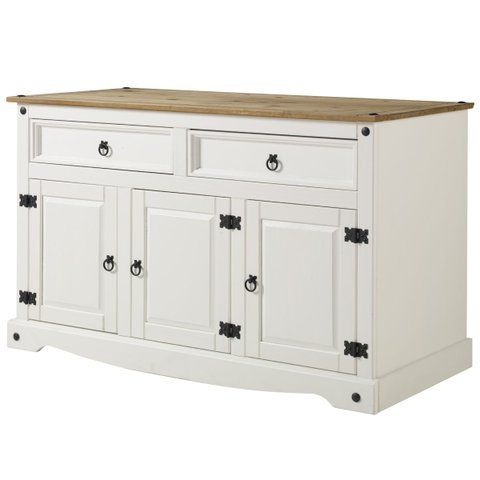 Balcão Buffet de Madeira Maciça com 3 Portas e 2 Gavetas Branco Lavado
