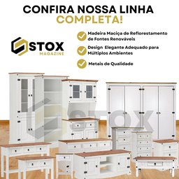 Balcão Buffet de Madeira Maciça com 3 Portas e 2 Gavetas Branco Lavado - 9